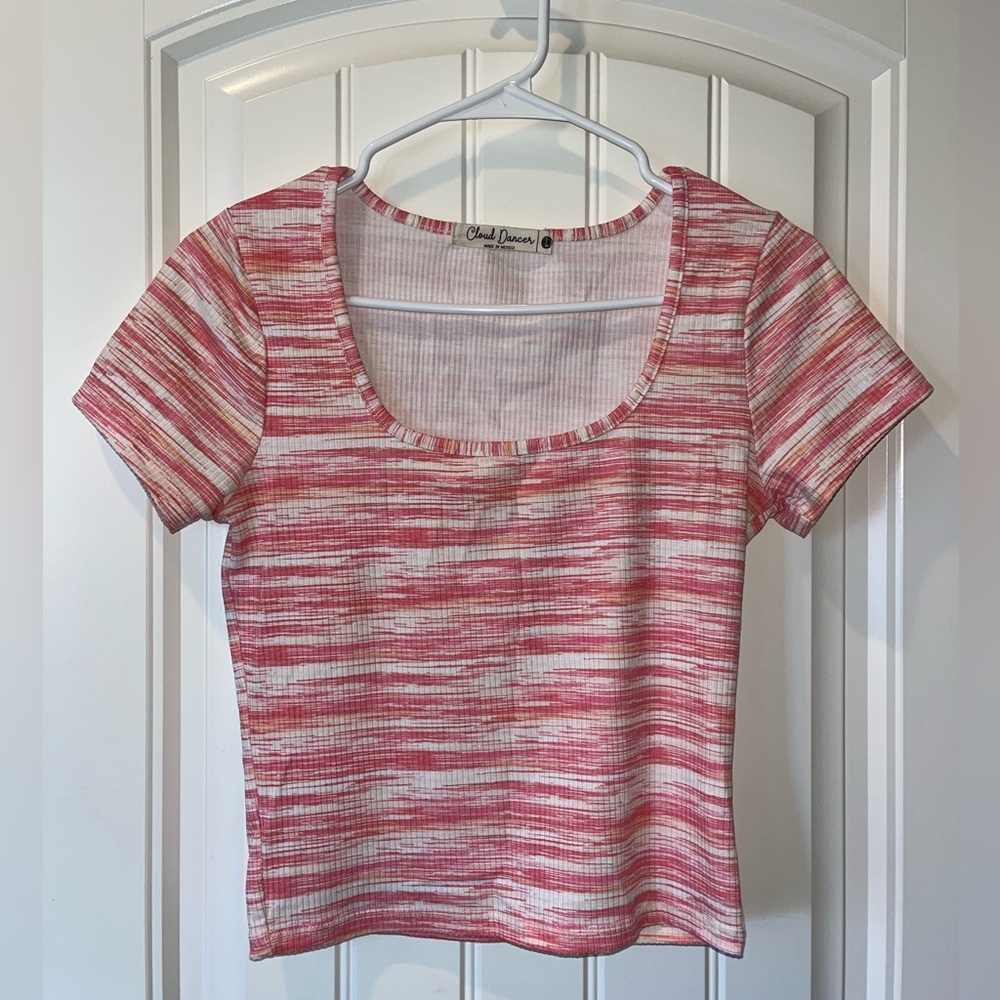 pink and white top